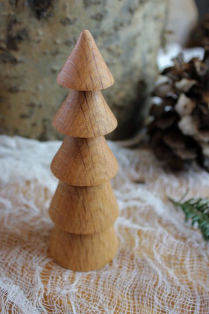 Christmas tree shaped decoration, hand turned from red oak wood